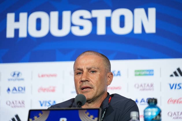 press conference, PK, Pressekonferenz ahead of Portugal v Uzbekistan - 2026 FIFA World Cup, WM, Weltmeisterschaft, Fussball HOUSTON, UNITED STATES - JUNE 22 : Football player Eldor Shomurodov (not seen) and head coach Fabio Cannavaro of Uzbekistan speak during a press conference ahead of their Group K second match against Portugal in the 2026 FIFA World Cup at Houston Stadium in Houston, Texas, United States on June 22, 2026. Hakan Akgun Anadolu Houston United States. Editorial use only. Please get in touch for any other usage.  Copyright: x2026xAnadoluxHakanxAkgunx