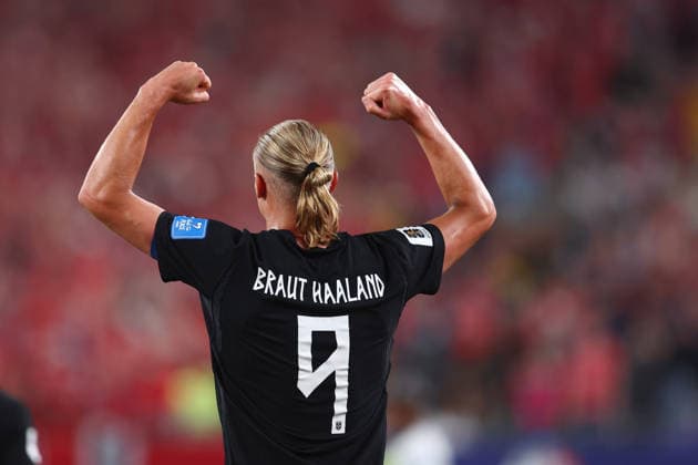 New Jersey, USA, 22nd June 2026. Erling Haaland of Norway celebrates after scoring to make it 3-1 during the Norway vs Senegal FIFA World Cup, WM, Weltmeisterschaft, Fussball match at Metlife Stadium, New Jersey. Picture credit should read: Paul Terry Sportimage EDITORIAL USE ONLY. No use with unauthorised audio, video, data, fixture lists, club league logos or live services. Online in-match use limited to 120 images, no video emulation. No use in betting, games or single club league player publications. SPI_051_PT_Norway_Senegal SPI-4838-0051