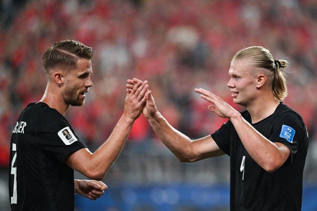 Kristoffer Ajer of Norway (L) and Erling Haaland of Norway (R) celebrates the team s first goal during a FIFA Men’s World Cup 2026 Group Stage football match between Norway and Senegal at New York New Jersey Stadium, in Philadelphia on June 22th 2026 (Photo by Andre Ricardo SPP)  Copyright: xAndrexRicardo SPPx Sportspressphoto_SPR173942