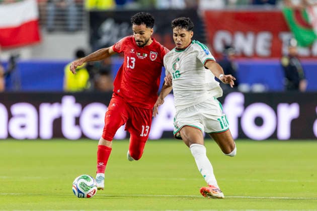 SANTA CLARA, CA - JUNE 22: Mahmoud Al-Mardi 13 of Jordan and Fares Chaibi 10 of Algeria chase down a ball during the FIFA World Cup, WM, Weltmeisterschaft, Fussball Group J match between Jordan and Algeria on June 22, 2026 at San Francisco Bay Area Stadium in Santa Clara, CA. (Photo by Bob Kupbens Icon Sportswire) SOCCER: JUN 22 FIFA World Cup 26 Group J - Jordan vs Algeria EDITORIAL USE ONLY Icon260622028