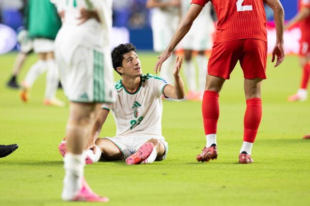 FIFA World Cup, WM, Weltmeisterschaft, Fussball 2026 - Group J - Jordan vs Algeria Algeria midfielder Ibrahim Maza (C) sits on the pitch after the 2-1 victory over Jordan in their 2026 FIFA World Cup group stage match at San Francisco Bay Area Stadium in Santa Clara, USA, 22 June 2026. Santa Clara United States  Copyright: xBENJAMINxFANJOYx