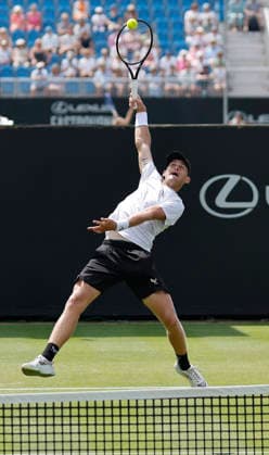 RECORD DATE NOT STATED 23rd June 2026; Devonshire Park Lawn Tennis Club, Eastbourne, East Sussex, England; Lexus Eastbourne Open Tennis, Day Three; Hamish Stewart (GBR) plays a forehand shot against Thiago Agustin Tirante (ARG) HongboxChen