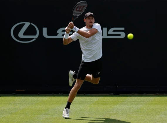 RECORD DATE NOT STATED 23rd June 2026; Devonshire Park Lawn Tennis Club, Eastbourne, East Sussex, England; Lexus Eastbourne Open Tennis, Day Three; Hamish Stewart (GBR) plays a backhand shot against Thiago Agustin Tirante (ARG) HongboxChen