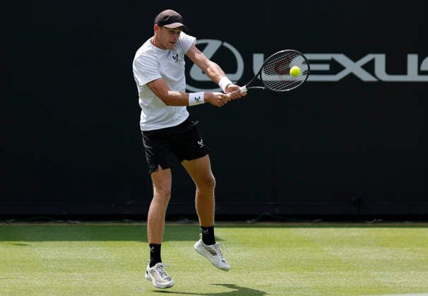 RECORD DATE NOT STATED 23rd June 2026; Devonshire Park Lawn Tennis Club, Eastbourne, East Sussex, England; Lexus Eastbourne Open Tennis, Day Three; Hamish Stewart (GBR) plays a backhand shot against Thiago Agustin Tirante (ARG) HongboxChen
