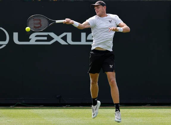 RECORD DATE NOT STATED 23rd June 2026; Devonshire Park Lawn Tennis Club, Eastbourne, East Sussex, England; Lexus Eastbourne Open Tennis, Day Three; Hamish Stewart (GBR) plays a forehand shot against Thiago Agustin Tirante (ARG) HongboxChen
