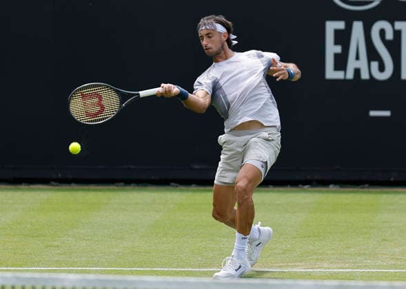 RECORD DATE NOT STATED 23rd June 2026; Devonshire Park Lawn Tennis Club, Eastbourne, East Sussex, England; Lexus Eastbourne Open Tennis, Day Three; Thiago Agustin Tirante (ARG) plays a forehand shot against Hamish Stewart (GBR) HongboxChen