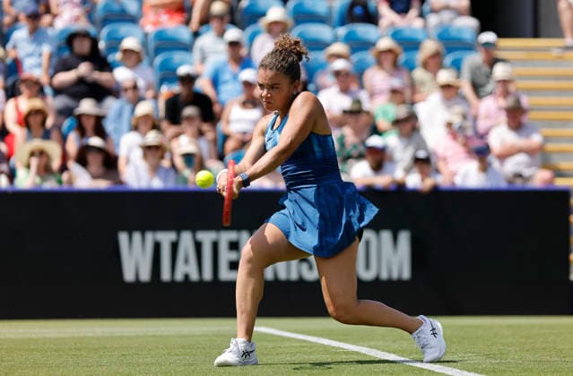 RECORD DATE NOT STATED 23rd June 2026; Devonshire Park Lawn Tennis Club, Eastbourne, East Sussex, England; Lexus Eastbourne Open Tennis, Day Three; Jasmine Paolini (ITA) plays a backhand shot against Tatjana Maria (GER) HongboxChen