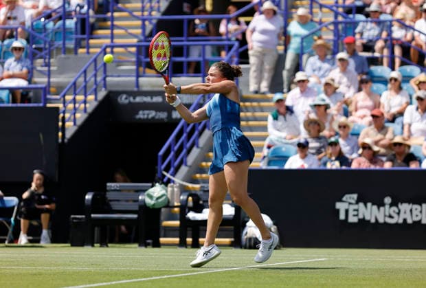 RECORD DATE NOT STATED 23rd June 2026; Devonshire Park Lawn Tennis Club, Eastbourne, East Sussex, England; Lexus Eastbourne Open Tennis, Day Three; Jasmine Paolini (ITA) plays a backhand shot against Tatjana Maria (GER) HongboxChen