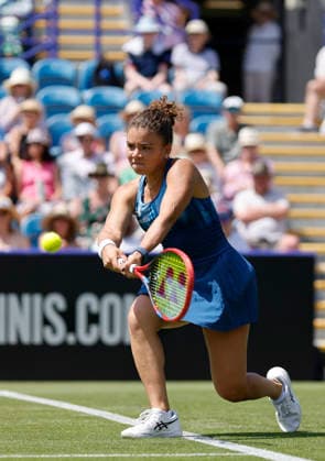 RECORD DATE NOT STATED 23rd June 2026; Devonshire Park Lawn Tennis Club, Eastbourne, East Sussex, England; Lexus Eastbourne Open Tennis, Day Three; Jasmine Paolini (ITA) plays a backhand shot against Tatjana Maria (GER) HongboxChen