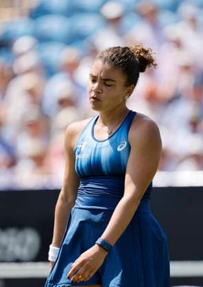 RECORD DATE NOT STATED 23rd June 2026; Devonshire Park Lawn Tennis Club, Eastbourne, East Sussex, England; Lexus Eastbourne Open Tennis, Day Three; Jasmine Paolini (ITA) shows emotion in the match against Tatjana Maria (GER) HongboxChen