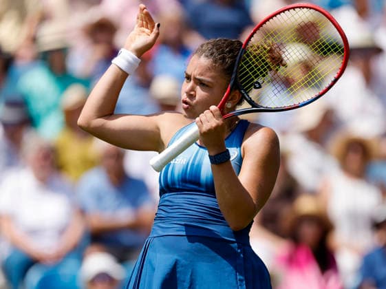 RECORD DATE NOT STATED 23rd June 2026; Devonshire Park Lawn Tennis Club, Eastbourne, East Sussex, England; Lexus Eastbourne Open Tennis, Day Three; Jasmine Paolini (ITA) shows emotion in the match against Tatjana Maria (GER) HongboxChen