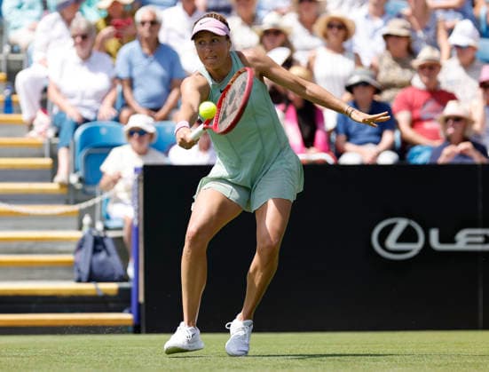 RECORD DATE NOT STATED 23rd June 2026; Devonshire Park Lawn Tennis Club, Eastbourne, East Sussex, England; Lexus Eastbourne Open Tennis, Day Three; Tatjana Maria (GER) plays a backhand shot against Jasmine Paolini (ITA) HongboxChen