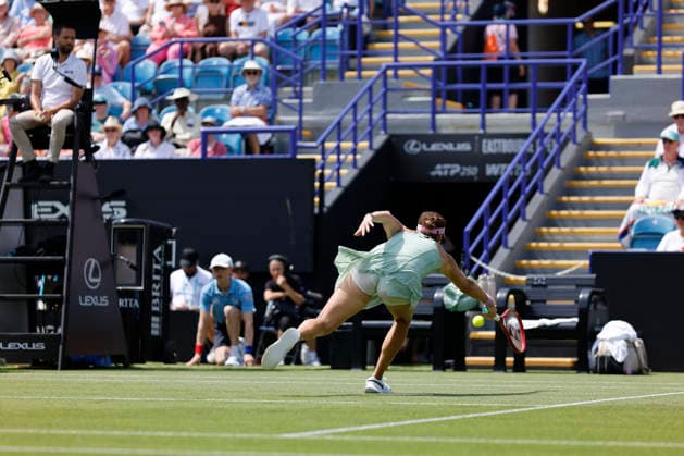 RECORD DATE NOT STATED 23rd June 2026; Devonshire Park Lawn Tennis Club, Eastbourne, East Sussex, England; Lexus Eastbourne Open Tennis, Day Three; Tatjana Maria (GER) plays a forehand shot against Jasmine Paolini (ITA) HongboxChen