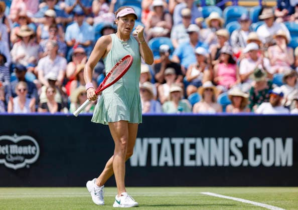 RECORD DATE NOT STATED 23rd June 2026; Devonshire Park Lawn Tennis Club, Eastbourne, East Sussex, England; Lexus Eastbourne Open Tennis, Day Three; Tatjana Maria (GER) shows emotion in the match against Jasmine Paolini (ITA) HongboxChen