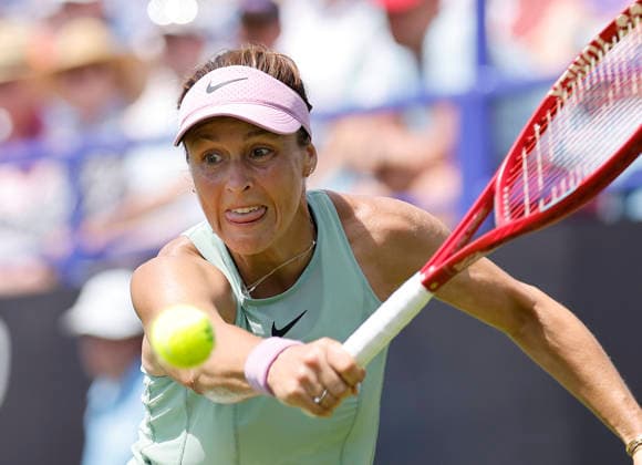 RECORD DATE NOT STATED 23rd June 2026; Devonshire Park Lawn Tennis Club, Eastbourne, East Sussex, England; Lexus Eastbourne Open Tennis, Day Three; Tatjana Maria (GER) plays a backhand shot against Jasmine Paolini (ITA) HongboxChen