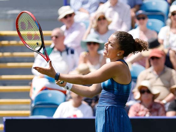 RECORD DATE NOT STATED 23rd June 2026; Devonshire Park Lawn Tennis Club, Eastbourne, East Sussex, England; Lexus Eastbourne Open Tennis, Day Three; Jasmine Paolini (ITA) shows emotion in the match against Tatjana Maria (GER) HongboxChen