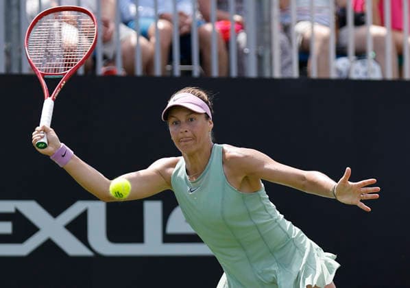 RECORD DATE NOT STATED 23rd June 2026; Devonshire Park Lawn Tennis Club, Eastbourne, East Sussex, England; Lexus Eastbourne Open Tennis, Day Three; Tatjana Maria (GER) plays a forehand shot against Jasmine Paolini (ITA) HongboxChen