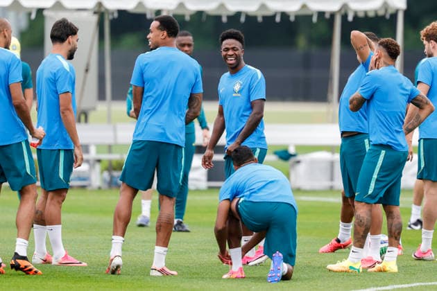Players of Brazil react during a training session at center Columbia Park in Morristown, New Jersey, US, on 22 June 2026. Brazil national team, Nationalteam Training in New Jersey !ACHTUNG: NUR REDAKTIONELLE NUTZUNG!  Copyright: xSebastiaoxMoreirax GRAF4117 20260623-55020683879_1