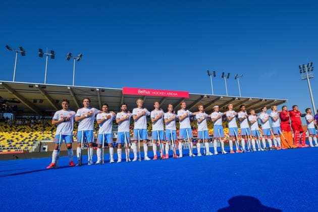 WAVER, 23-06-2026, Belfius Hockey Arena, FIH Hockey Pro League Men, Season 2025-2026. Team NL during the play of the national anthem before the match Australia - Netherlands (1st match). Australia - Netherlands (1st match)  x204586760x Copyright: