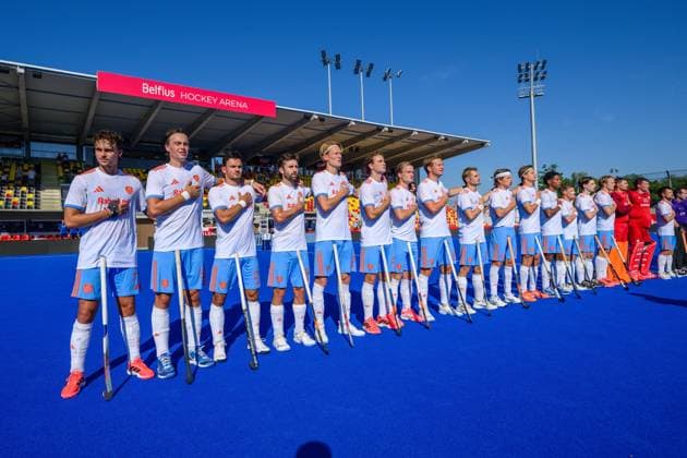 WAVER, 23-06-2026, Belfius Hockey Arena, FIH Hockey Pro League Men, Season 2025-2026. Team NL during the play of the national anthem before the match Australia - Netherlands (1st match). Australia - Netherlands (1st match)  x204586767x Copyright: