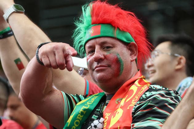 HOUSTON, TX - JUNE 23: A Portugal fans points to the camera as he wears a Portugal colored wig ahead of the FIFA World Cup, WM, Weltmeisterschaft, Fussball 2026 Group K match between Portugal and Uzbekistan on June 23, 2026, at Houston Stadium in Houston, Texas. (Photo by David Buono Icon Sportswire) SOCCER: JUN 23 FIFA World Cup 26 Group K - Portugal vs Uzbekistan EDITORIAL USE ONLY Icon260623006