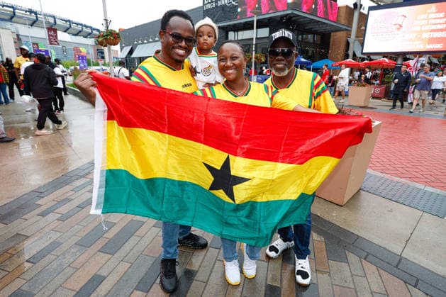 June 23, 2026; Foxborough, Massachusetts, USA; Ghana supporters gather at Patriot Place ahead of in a FIFA World Cup, WM, Weltmeisterschaft, Fussball 2026 Group L match between England and Ghana at Boston Stadium. (c) CSM FIFA World Cup 2026: England Vs Ghana JUN 23  - ZUMAc04_ 20260623_zma_c04_007 Copyright: xBurtxGranofskyx