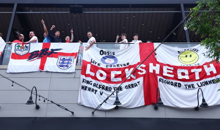 Foxborough, USA, 23rd June 2026. England fans gather before the England vs Ghana FIFA World Cup, WM, Weltmeisterschaft, Fussball match at Gillette Stadium, Foxborough. Picture credit should read: Paul Terry Sportimage EDITORIAL USE ONLY. No use with unauthorised audio, video, data, fixture lists, club league logos or live services. Online in-match use limited to 120 images, no video emulation. No use in betting, games or single club league player publications. SPI_010_PT_Eng_Ghana SPI-4840-0010