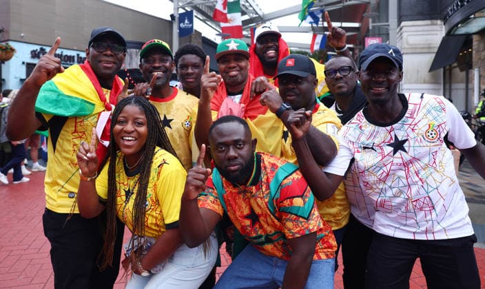 Foxborough, USA, 23rd June 2026. Ghana fans gather before the England vs Ghana FIFA World Cup, WM, Weltmeisterschaft, Fussball match at Gillette Stadium, Foxborough. Picture credit should read: Paul Terry Sportimage EDITORIAL USE ONLY. No use with unauthorised audio, video, data, fixture lists, club league logos or live services. Online in-match use limited to 120 images, no video emulation. No use in betting, games or single club league player publications. SPI_015_PT_Eng_Ghana SPI-4840-0015