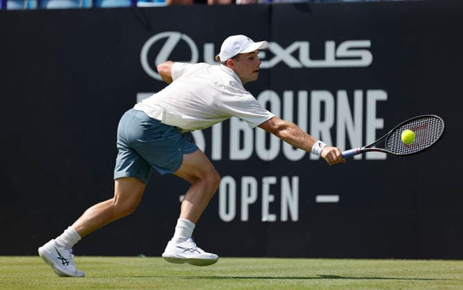 RECORD DATE NOT STATED 23rd June 2026; Devonshire Park Lawn Tennis Club, Eastbourne, East Sussex, England; Lexus Eastbourne Open Tennis, Day Three; Arthur Fery (GBR) plays a backhand shot against Roman Andres Burruchaga (ARG) HongboxChen