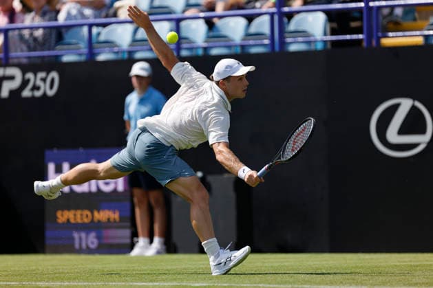 RECORD DATE NOT STATED 23rd June 2026; Devonshire Park Lawn Tennis Club, Eastbourne, East Sussex, England; Lexus Eastbourne Open Tennis, Day Three; Arthur Fery (GBR) plays a backhand shot against Roman Andres Burruchaga (ARG) HongboxChen