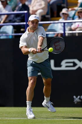 RECORD DATE NOT STATED 23rd June 2026; Devonshire Park Lawn Tennis Club, Eastbourne, East Sussex, England; Lexus Eastbourne Open Tennis, Day Three; Arthur Fery (GBR) plays a backhand shot against Roman Andres Burruchaga (ARG) HongboxChen