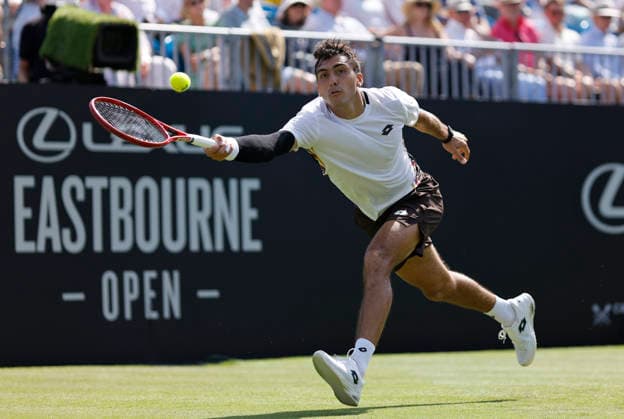 RECORD DATE NOT STATED 23rd June 2026; Devonshire Park Lawn Tennis Club, Eastbourne, East Sussex, England; Lexus Eastbourne Open Tennis, Day Three; Roman Andres Burruchaga (ARG) plays a forehand shot against Arthur Fery (GBR) HongboxChen