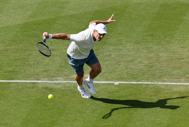 RECORD DATE NOT STATED 23rd June 2026; Devonshire Park Lawn Tennis Club, Eastbourne, East Sussex, England; Lexus Eastbourne Open Tennis, Day Three; Arthur Fery (GBR) plays a backhand shot against Roman Andres Burruchaga (ARG) HongboxChen