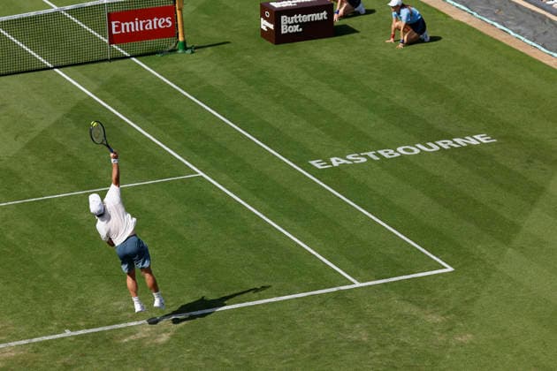 RECORD DATE NOT STATED 23rd June 2026; Devonshire Park Lawn Tennis Club, Eastbourne, East Sussex, England; Lexus Eastbourne Open Tennis, Day Three; Arthur Fery (GBR) serves to Roman Andres Burruchaga (ARG) HongboxChen