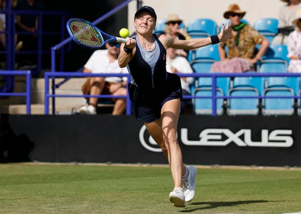 RECORD DATE NOT STATED 23rd June 2026; Devonshire Park Lawn Tennis Club, Eastbourne, East Sussex, England; Lexus Eastbourne Open Tennis, Day Three; Harriet Dart (GBR) playsa forehand shot against Zeynep Sonmez (TUR) HongboxChen