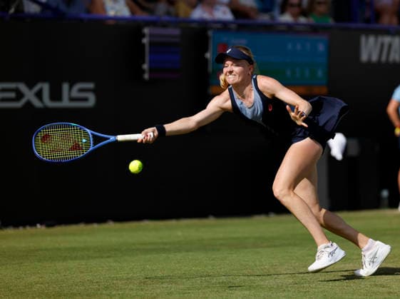 RECORD DATE NOT STATED 23rd June 2026; Devonshire Park Lawn Tennis Club, Eastbourne, East Sussex, England; Lexus Eastbourne Open Tennis, Day Three; Harriet Dart (GBR) playsa forehand shot against Zeynep Sonmez (TUR) HongboxChen