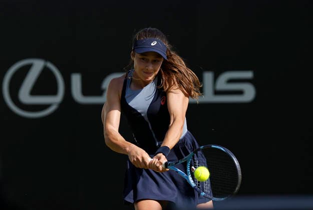 RECORD DATE NOT STATED 23rd June 2026; Devonshire Park Lawn Tennis Club, Eastbourne, East Sussex, England; Lexus Eastbourne Open Tennis, Day Three; Zeynep Sonmez (TUR) plays a backhand shot against Harriet Dart (GBR) HongboxChen