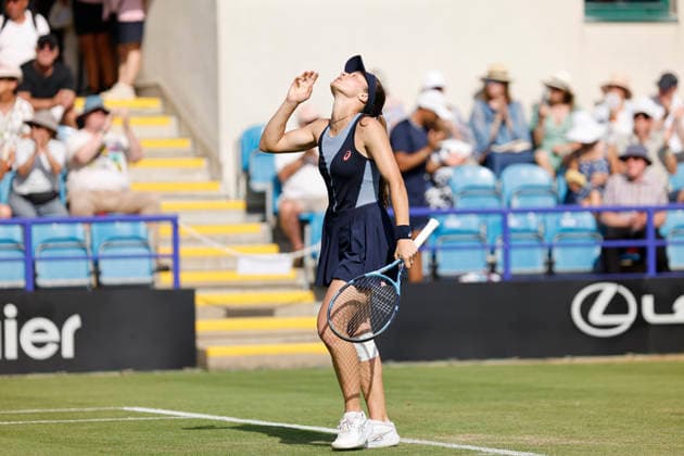 RECORD DATE NOT STATED 23rd June 2026; Devonshire Park Lawn Tennis Club, Eastbourne, East Sussex, England; Lexus Eastbourne Open Tennis, Day Three; Zeynep Sonmez (TUR) celebrates after defeating Harriet Dart (GBR) HongboxChen