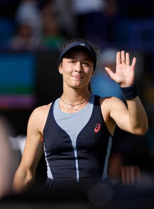 RECORD DATE NOT STATED 23rd June 2026; Devonshire Park Lawn Tennis Club, Eastbourne, East Sussex, England; Lexus Eastbourne Open Tennis, Day Three; Zeynep Sonmez (TUR) celebrates after defeating Harriet Dart (GBR) HongboxChen