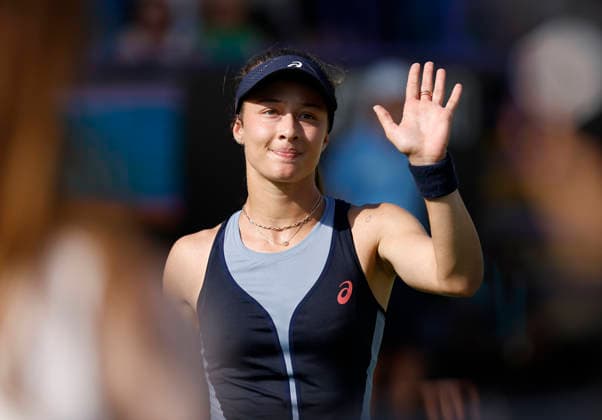 RECORD DATE NOT STATED 23rd June 2026; Devonshire Park Lawn Tennis Club, Eastbourne, East Sussex, England; Lexus Eastbourne Open Tennis, Day Three; Zeynep Sonmez (TUR) celebrates after defeating Harriet Dart (GBR) HongboxChen