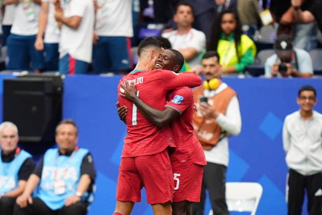 Portugal v Uzbekistan - FIFA World Cup, WM, Weltmeisterschaft, Fussball 2026 - Group K HOUSTON, USA - JUNE 23: Nuno Mendes of Portugal celebrates with his teammate Cristiano Ronaldo after scoring a goal during the 2026 FIFA World Cup First Stage Group K match between Portugal and Uzbekistan at NRG Stadium (Houston Stadium) in Houston, Texas, United States on June 23, 2026. Hakan Akgun Anadolu Texas United States. Editorial use only. Please get in touch for any other usage.  Copyright: x2026xAnadoluxHakanxAkgunx