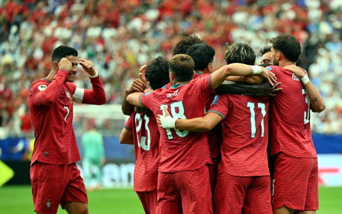 FIFA World Cup, WM, Weltmeisterschaft, Fussball 2026 - Group K - Portugal vs Uzbekistan Players of Portugal celebrate after scoring the 2-0 during the FIFA World Cup 2026 group stage match Portugal against Uzbekistan, in Houston, USA, 23 June 2026. HOUSTON United States  Copyright: xSAMxWASSONx