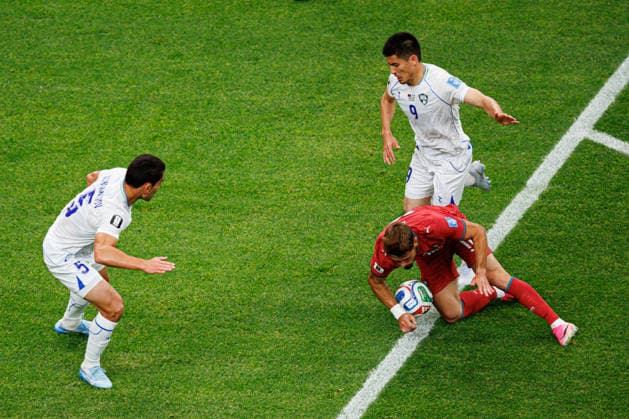 Rustam Ashurmatov, Odiljon Khamrobekov and Pedro Neto seen during FIFA World Cup, WM, Weltmeisterschaft, Fussball 2026 game between national teams of Portugal and Uzbekistan (Grzegorz Wajda Ball Raw Images) Houston Houston Stadium USA Copyright: xGrzegorzxWajdax grzegorzwajda_portugal_uzbekistan_2526_4-2