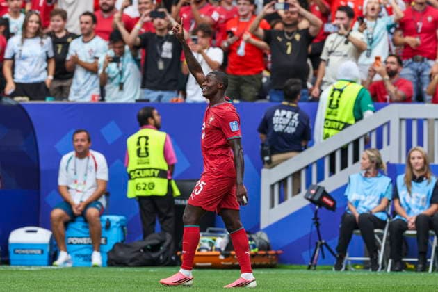 FIFA World Cup, WM, Weltmeisterschaft, Fussball 2026 - Portugal vs Uzbekistan Portugal s Nuno Mendes celebrates a goal against Uzbekistan during the FIFA World Cup 2026 Group K soccer match held at Houston Stadium, Texas, USA, 23 June 2026. Houston Texas UNITED STATES  Copyright: xMIGUELxA.xLOPESx