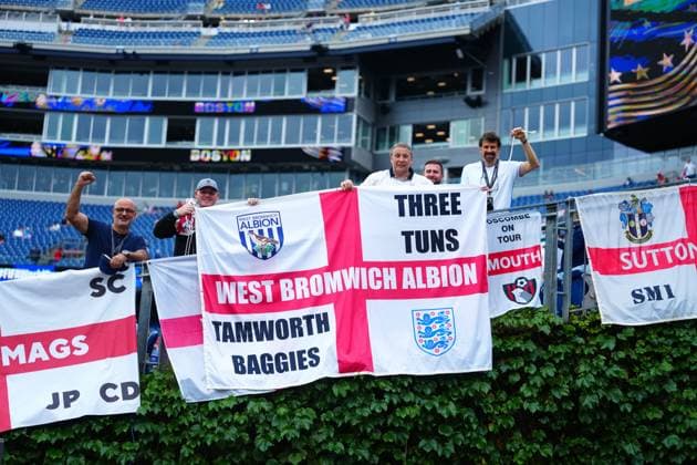 EFL club flags amongst the England fans England v Ghana, 2026 FIFA World Cup, WM, Weltmeisterschaft, Fussball Group L, Football, Boston Stadium, Foxborough, Massachusetts, USA - 23 Jun 2026Foxborough Boston Stadium Massachusetts (MA) United States of America EDITORIAL USE ONLY No use with unauthorised audio, video, data, fixture lists, club league logos or live services. Online in-match use limited to 120 images, no video emulation. No use in betting, games or single club league player publications.  Copyright: xJavierxGarcia Shutterstockx 16956021p