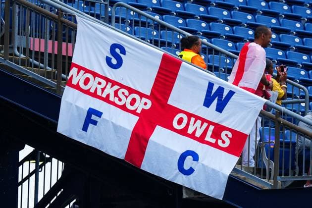EFL club flags amongst the England fans England v Ghana, 2026 FIFA World Cup, WM, Weltmeisterschaft, Fussball Group L, Football, Boston Stadium, Foxborough, Massachusetts, USA - 23 Jun 2026Foxborough Boston Stadium Massachusetts (MA) United States of America EDITORIAL USE ONLY No use with unauthorised audio, video, data, fixture lists, club league logos or live services. Online in-match use limited to 120 images, no video emulation. No use in betting, games or single club league player publications.  Copyright: xJavierxGarcia Shutterstockx 16956021r