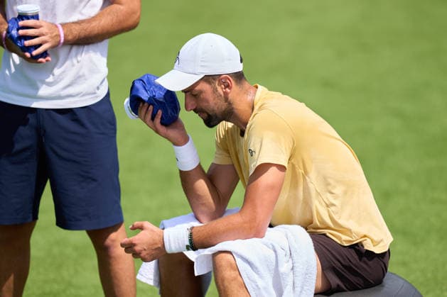2026 Wimbledon, June 23, Practice LONDON, - JUNE 23: Novak Djokovic of Serbia cools down with an icepack during the 2026 Wimbledon, June 23, Practice at The all England club, Wimbledon on June 23, 2026 in London, GBR. London The all England club, Wimbledon GBR Copyright: xPeterxvanxdenxBerg ISIxPhotosx 9411