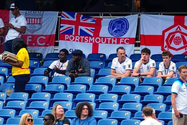 EFL club flags amongst the England fans England v Ghana, 2026 FIFA World Cup, WM, Weltmeisterschaft, Fussball Group L, Football, Boston Stadium, Foxborough, Massachusetts, USA - 23 Jun 2026Foxborough Boston Stadium Massachusetts (MA) United States of America EDITORIAL USE ONLY No use with unauthorised audio, video, data, fixture lists, club league logos or live services. Online in-match use limited to 120 images, no video emulation. No use in betting, games or single club league player publications.  Copyright: xJavierxGarcia Shutterstockx 16956021z