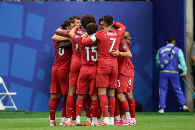 HOUSTON, TX - JUNE 23: Nuno Mendes 25 of Portugal is surrounded by teammates after scoring during the FIFA World Cup, WM, Weltmeisterschaft, Fussball 2026 Group K match between Portugal and Uzbekistan on June 23, 2026, at Houston Stadium in Houston, Texas. (Photo by David Buono Icon Sportswire) SOCCER: JUN 23 FIFA World Cup 26 Group K - Portugal vs Uzbekistan EDITORIAL USE ONLY Icon260623028