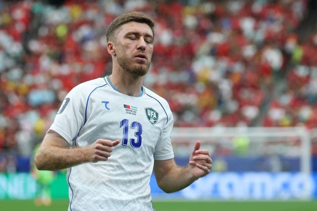 HOUSTON, TX - JUNE 23: Sherzod Nasrullaev 13 of Uzbekistan reacts after missing a chance on goal during the FIFA World Cup, WM, Weltmeisterschaft, Fussball 2026 Group K match between Portugal and Uzbekistan on June 23, 2026, at Houston Stadium in Houston, Texas. (Photo by David Buono Icon Sportswire) SOCCER: JUN 23 FIFA World Cup 26 Group K - Portugal vs Uzbekistan EDITORIAL USE ONLY Icon260623030